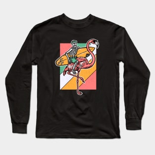 Surfing Skeleton Riding a Giant Pink Flamingo Long Sleeve T-Shirt